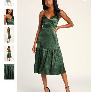 Lulu's Emerald Green Satin Jacquard Midi - Wedding Guest Dress